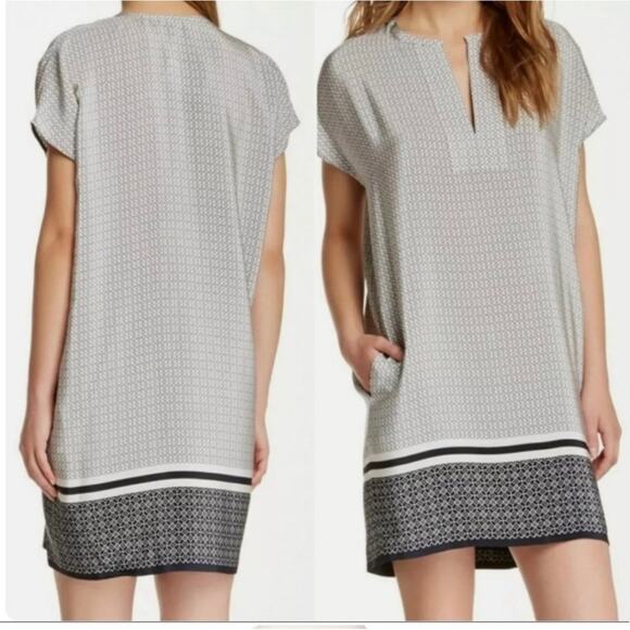 NEW Vince Silk Pockets Geo Trapunto Cap Sleeve Shift Tunic Dress Size Medium - Picture 3 of 10
